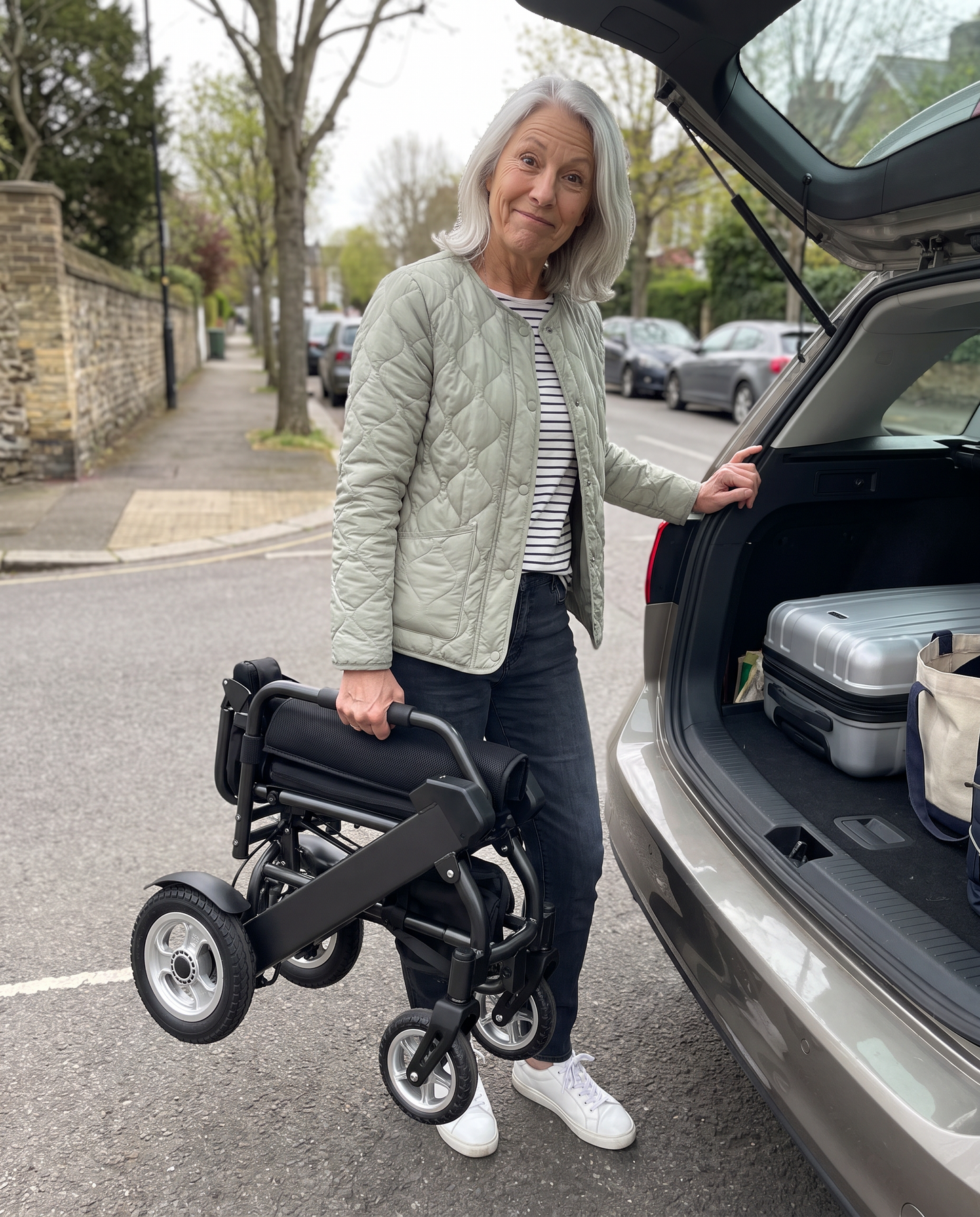 Le fauteuil plié soulevé d'une seule main devant un coffre de voiture
