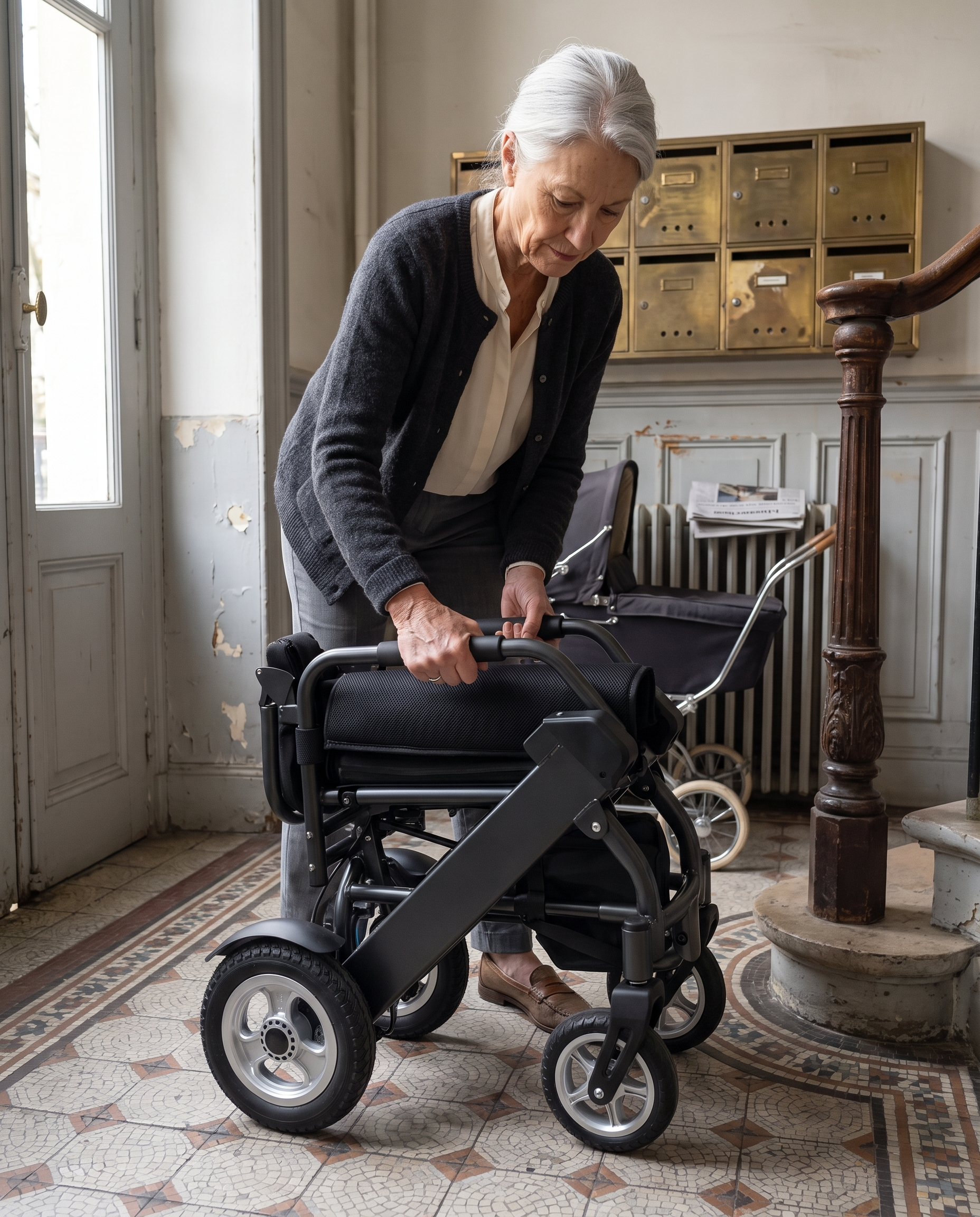 Pliage du fauteuil dans une entrée d'immeuble
