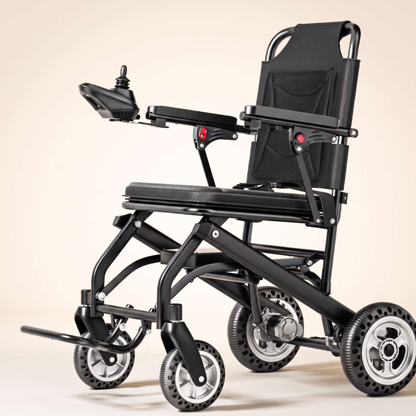Fauteuil roulant électrique Airfold One déplié, vue trois-quarts avant sur fond studio